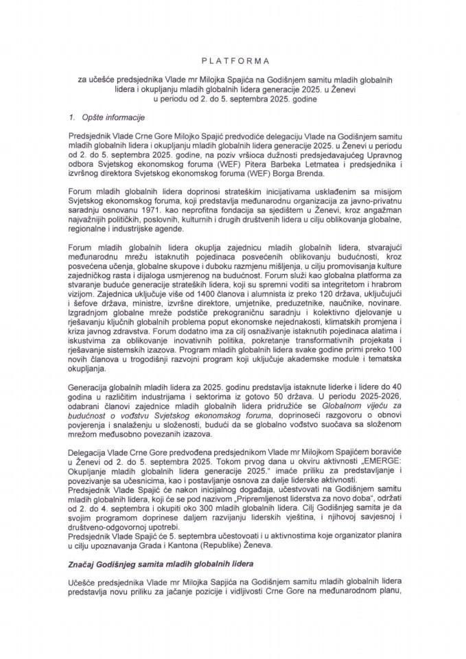 Predlog platforme za učešće predsjednika Vlade mr Milojka Spajića na Godišnjem samitu mladih globalnih lidera i okupljanju mladih globalnih lidera generacije 2025. u Ženevi, u periodu od 2. do 5. septembra 2025. godine