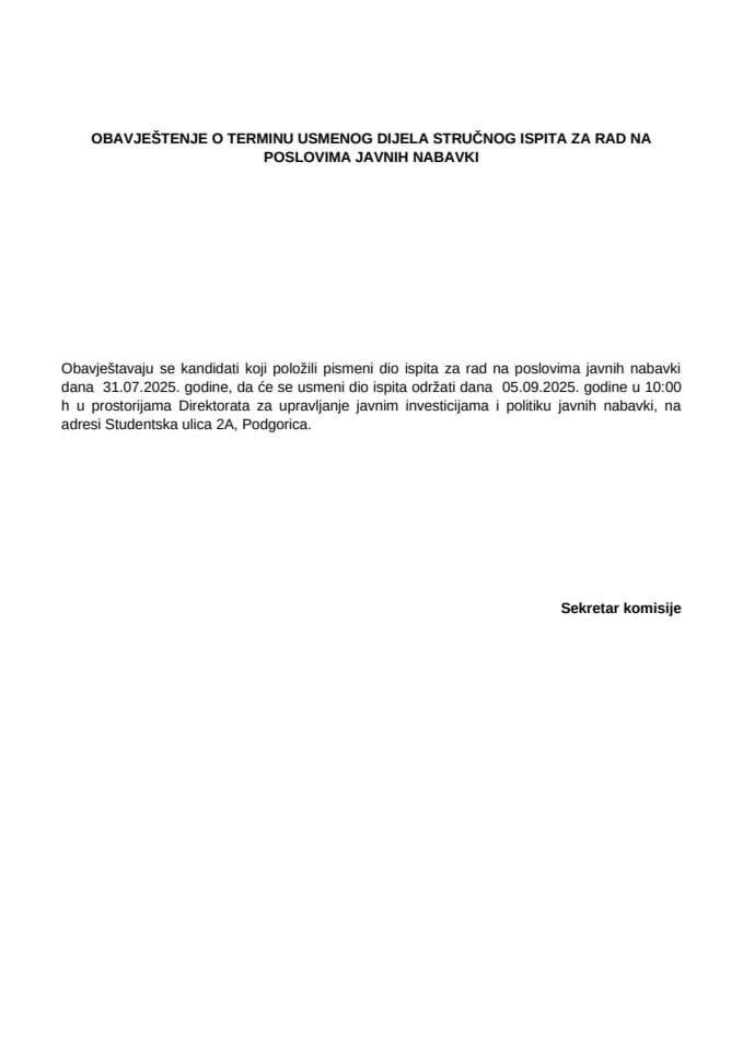 Обавјештење о термину усменог дијела стручног испита за рад на пословима јавних набавки