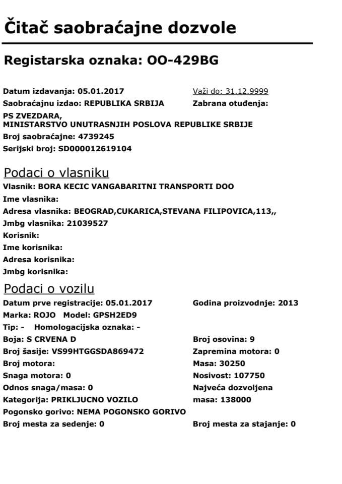 Saobraćajna dozvola registarske oznake OO-429BG__2_VT