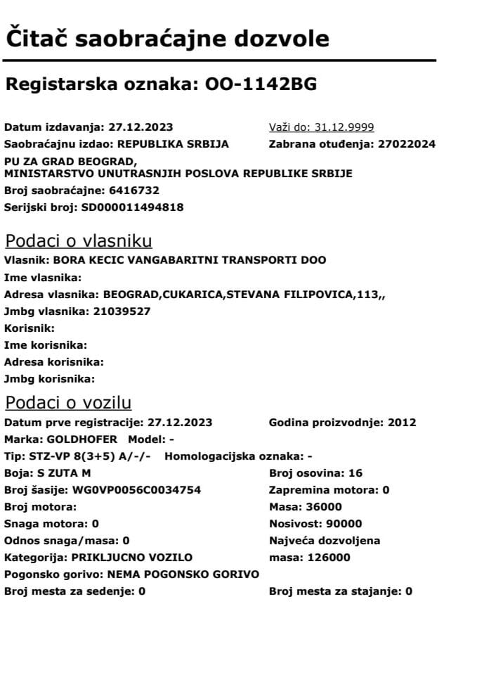 Saobraćajna dozvola registarske oznake OO-1142BG