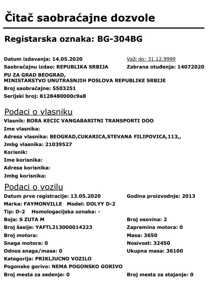 Saobraćajna dozvola registarske oznake BG-304BG_1