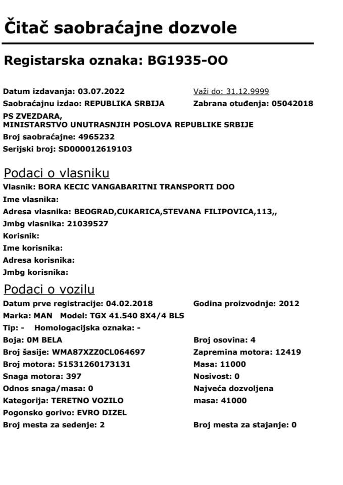 Saobraćajna dozvola registarske oznake BG1935-OO_VT