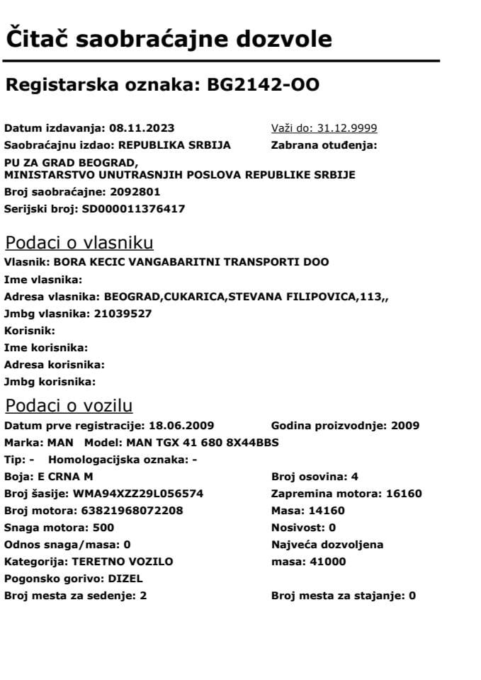 Saobraćajna dozvola registarske oznake BG2142-OO