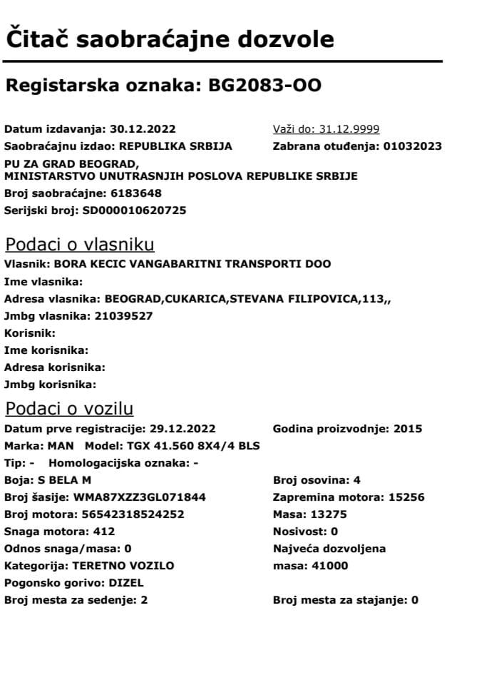 Saobraćajna dozvola registarske oznake BG2083-OO