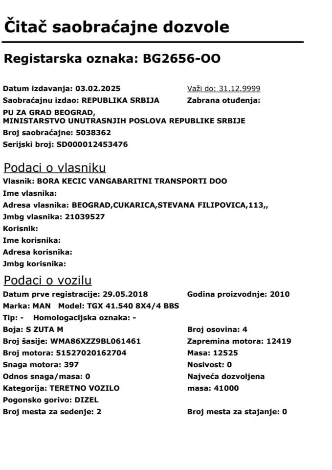 Saobraćajna dozvola registarske oznake BG2656-OO