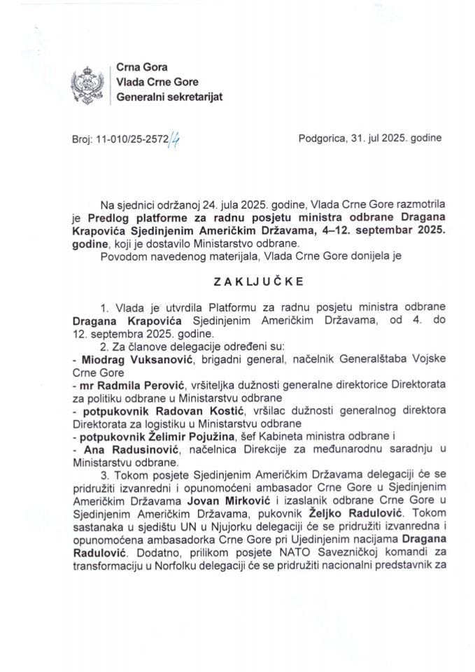 Предлог платформе за радну посјету министра одбране Драгана Краповића Сједињеним Америчким Државама, 4 - 12. септембар 2025. године - Закључци