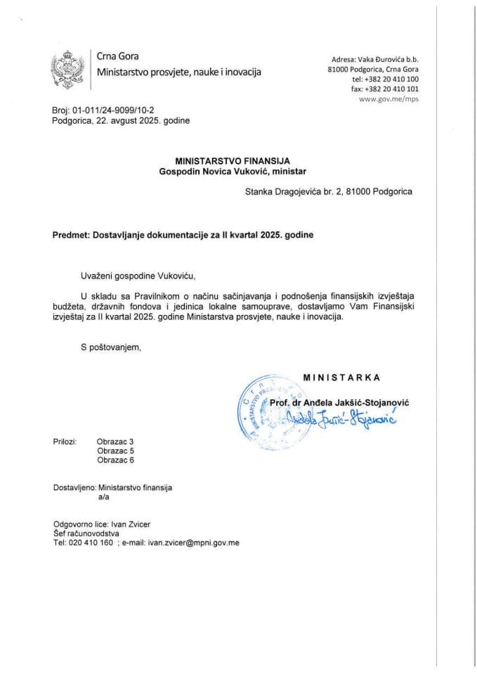 Finansijski izvještaj MPNI za II kvartal 2025. godine