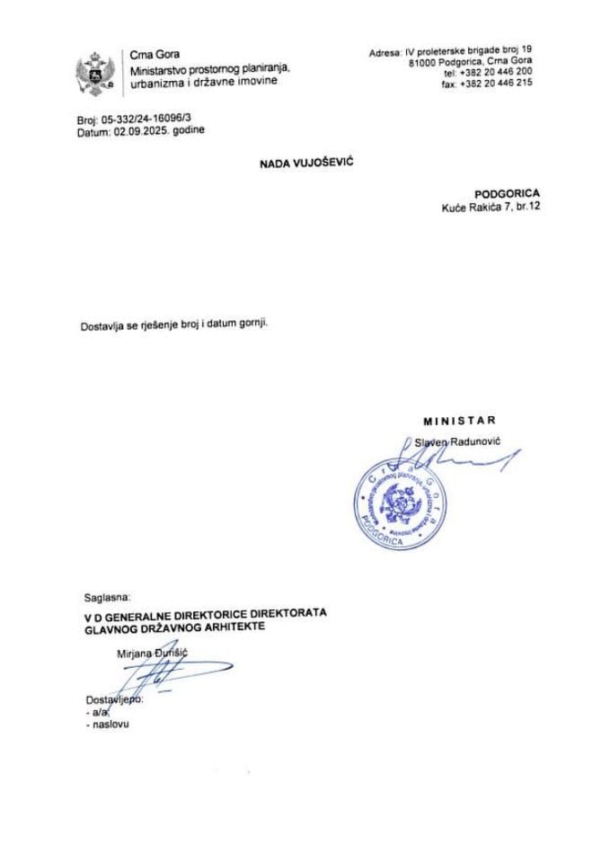 Rješenja glavnog državnog arhitekte - 02.09.2025 Rješenje -Nada Vujošević -Opština Zeta