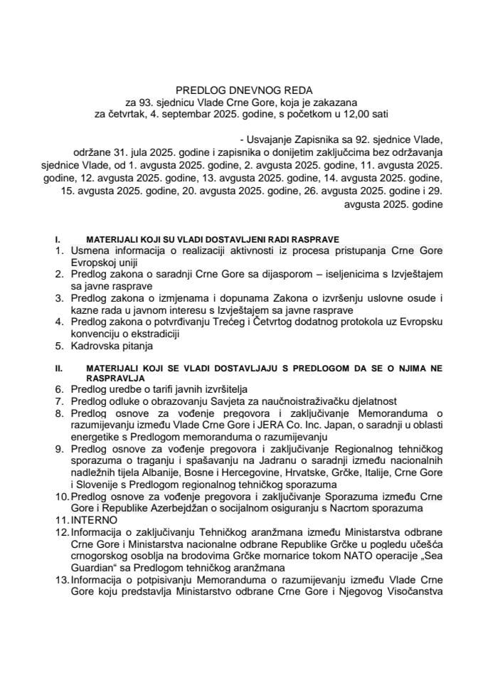 Predlog dnevnog reda za 93. sjednicu Vlade Crne Gore