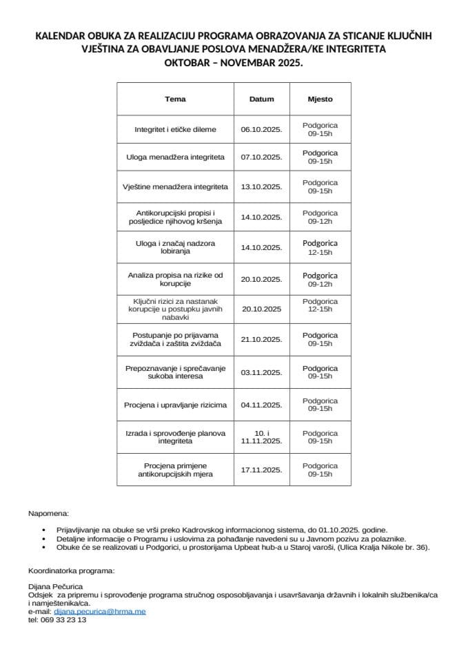 KALENDAR OBUKA ZA STICANJE K VJMENADŽERAKE INTEGRITETA