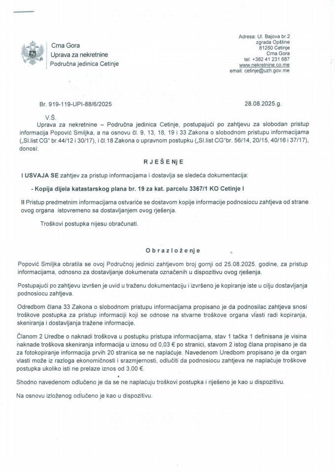 Rješenja o slobodnom pristupu informacijama - 04.09.2025.