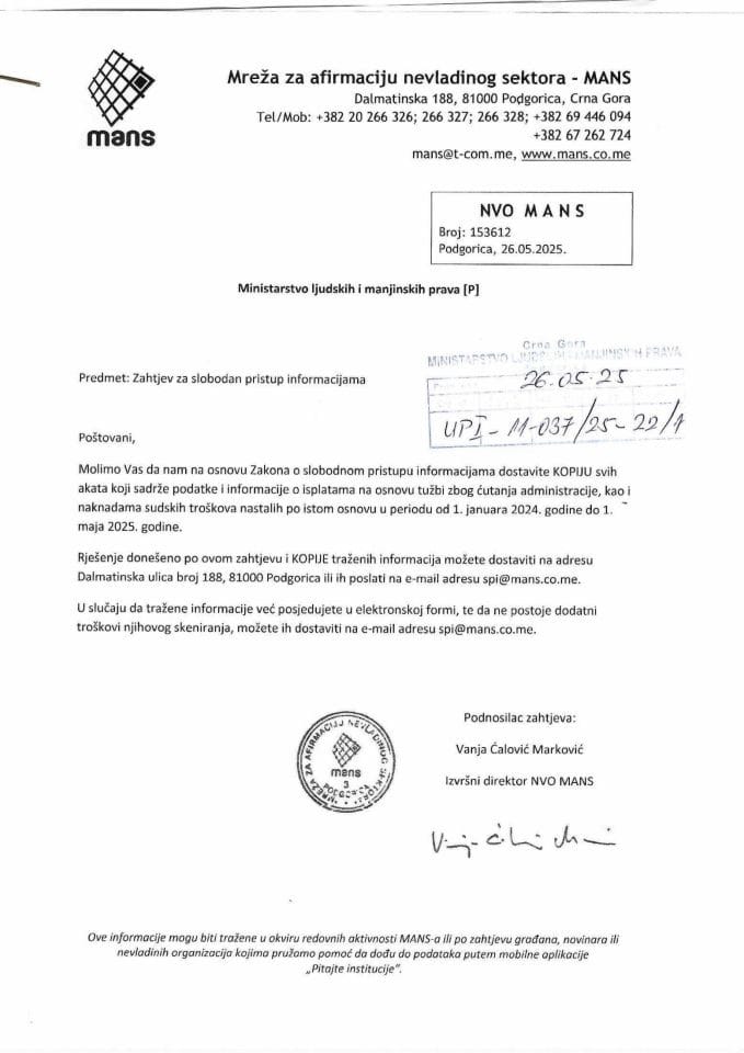 Zahtjev za SPI MANS - UPI 011-037/25-22/1, Rješenje UPI 01-037/25-22/2, Odgovor UPI 01-037/25-22/3