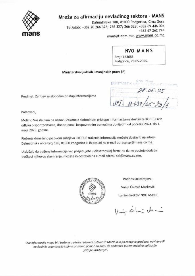 Zahtjev za SPI MANS - UPI 011-037/25-23/1, Rješenje UPI 01-037/25-23/2, Odgovor UPI 01-037/25-23/3