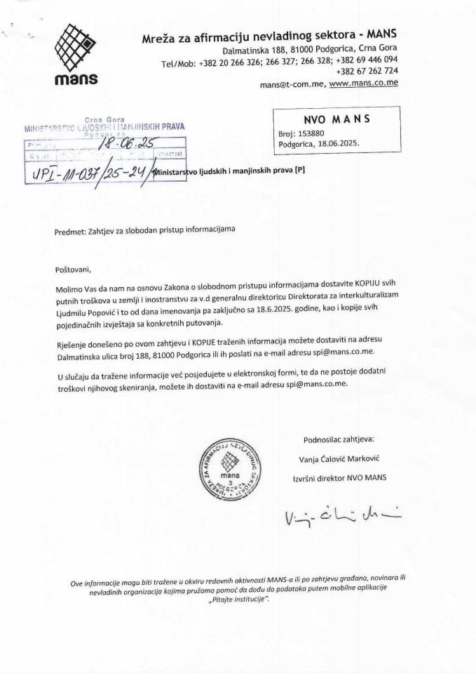 Zahtjev za SPI MANS - UPI 011-037/25-24/1, Rješenje UPI 01-037/25-24/2, Odgovor UPI 01-037/25-24/3