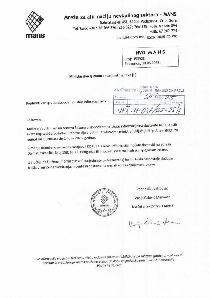 Zahtjev za SPI MANS - UPI 011-037/25-25/1, Rješenje UPI 01-037/25-25/2, Odgovor UPI 01-037/25-25/3