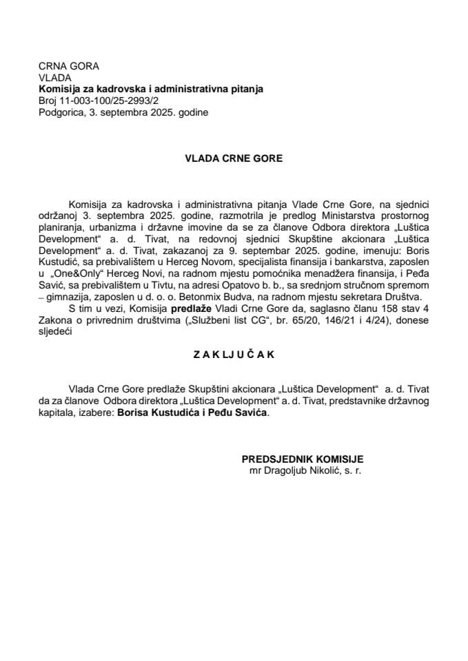Предлог за избор чланова Одбора директора „Luštica Development“ АД Тиват
