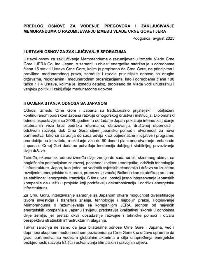 Predlog osnove za vođenje pregovora i zaključivanje Memoranduma o razumijevanju između Vlade Crne Gore i JERA Co. Inc. Japan, o saradnji u oblasti energetike s Predlogom memoranduma o razumijevanju