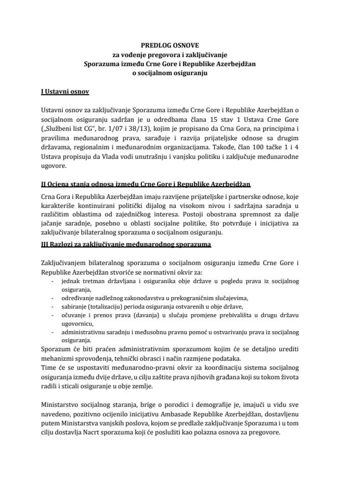 Predlog osnove za vođenje pregovora i zaključivanje Sporazuma između Crne Gore i Republike Azerbejdžan o socijalnom osiguranju s Nacrtom sporazuma
