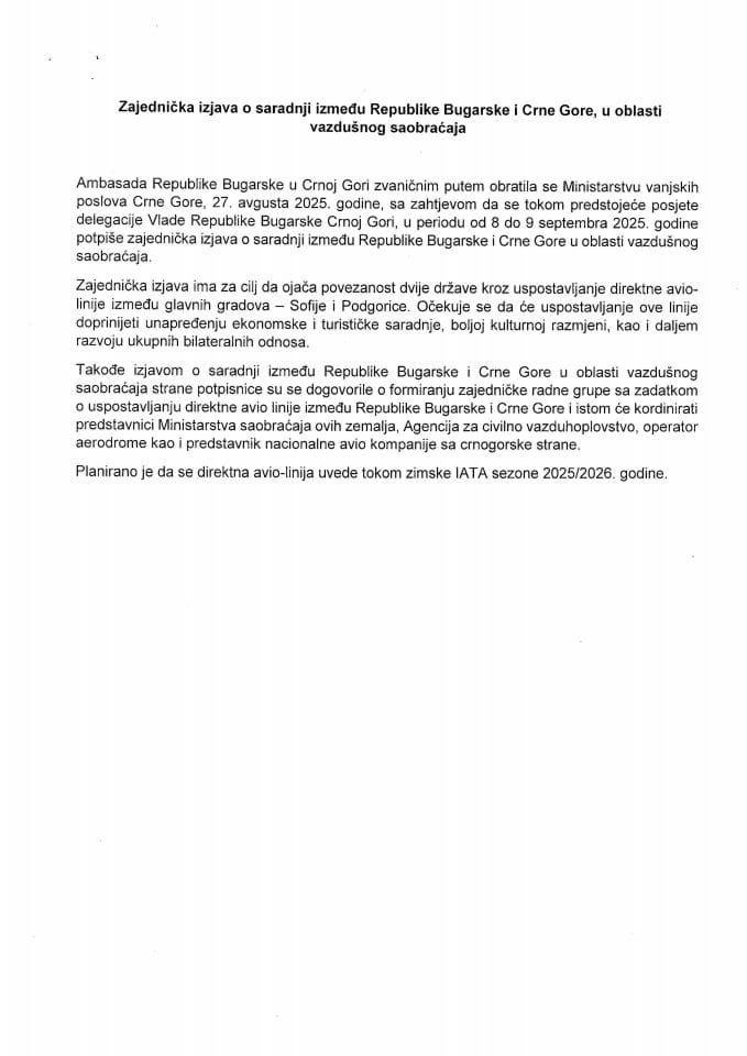 Predlog zajedničke izjave o saradnji između Republike Bugarske i Crne Gore u oblasti vazdušnog saobraćaja