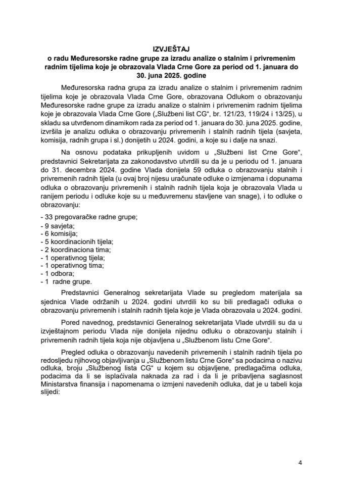 Izvještaj o radu Međuresorske radne grupe za izradu analize o stalnim i privremenim radnim tijelima koje je obrazovala Vlada Crne Gore, za period od 1. januara do 30. juna 2025. godine
