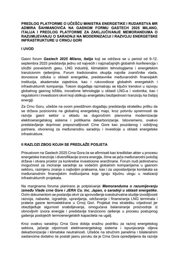 Predlog platforme o učešću ministra energetike i rudarstva mr Admira Šahmanovića na Gasnom formu Gastech 2025 Milano, Italija, koji se održava u periodu od 9. do 12. septembra 2025. godine