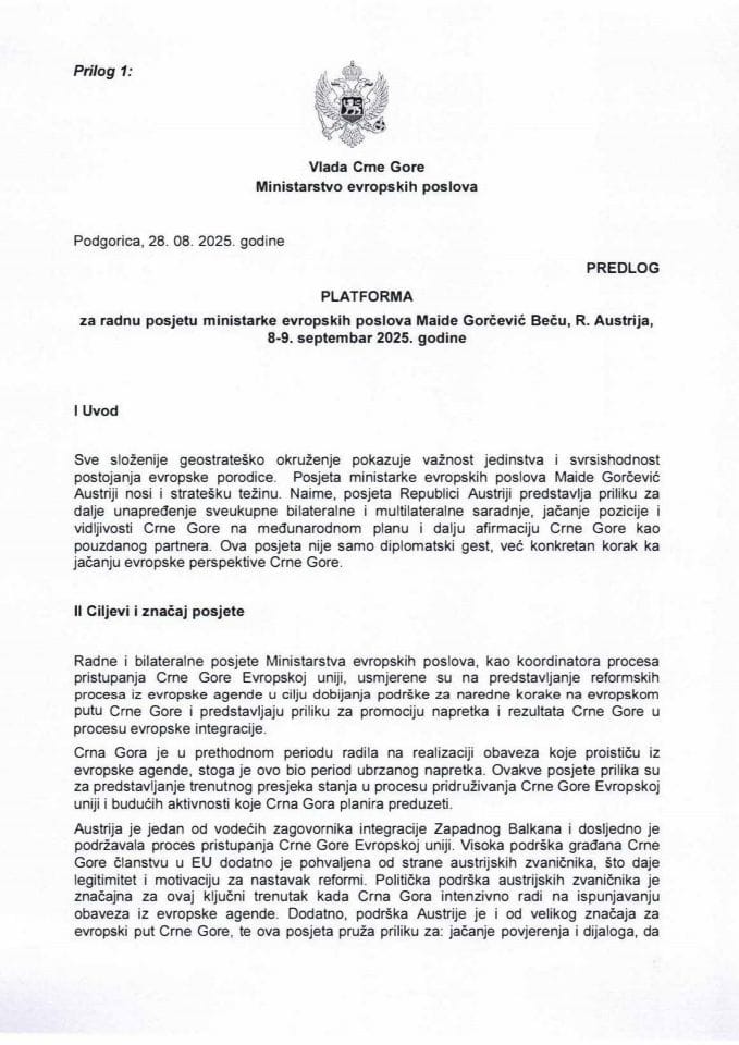Predlog platforme za radnu posjetu ministarke evropskih poslova Maide Gorčević Beču, Republika Austrija, 8-9. septembar 2025. godine