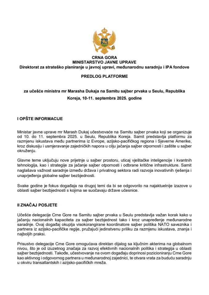 Предлог платформе за учешће министра мр Marasha Dukaja на Самиту сајбер првака у Сеулу, Република Кореја, 10-11. септембра 2025. године