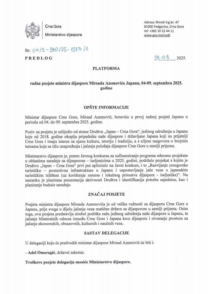 Предлог платформе радне посјете министра дијаспоре Мирсада Аземовића Јапану, 4 - 9. септембра 2025. године