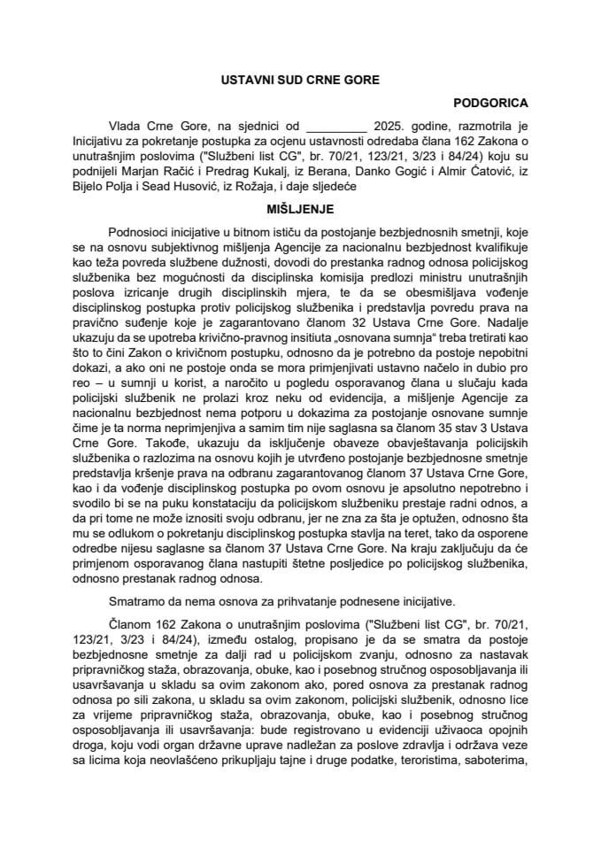 Предлог мишљења на Иницијативу за покретање поступка за оцјену уставности одредаба члана 162 Закона о унутрашњим пословима („Службени лист ЦГ“, бр. 70/21, 123/21, 3/23 и 84/24)