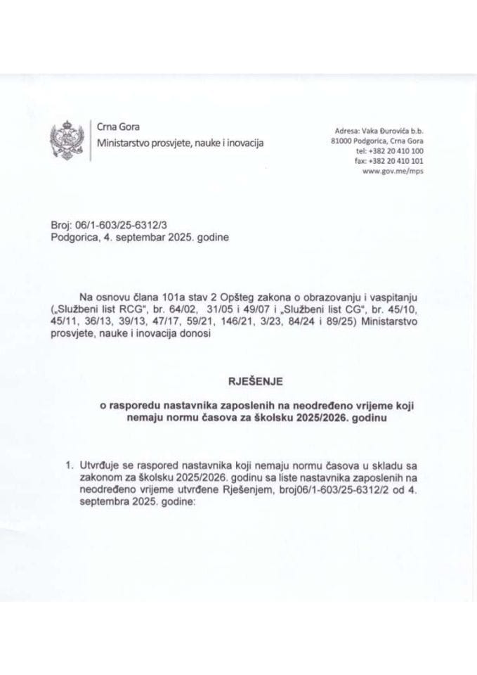 Rješenje o rasporedu nastavnika zaposlenih na neodređeno vrijeme koji nemaju normu časova za školsku 2025/2026. godinu