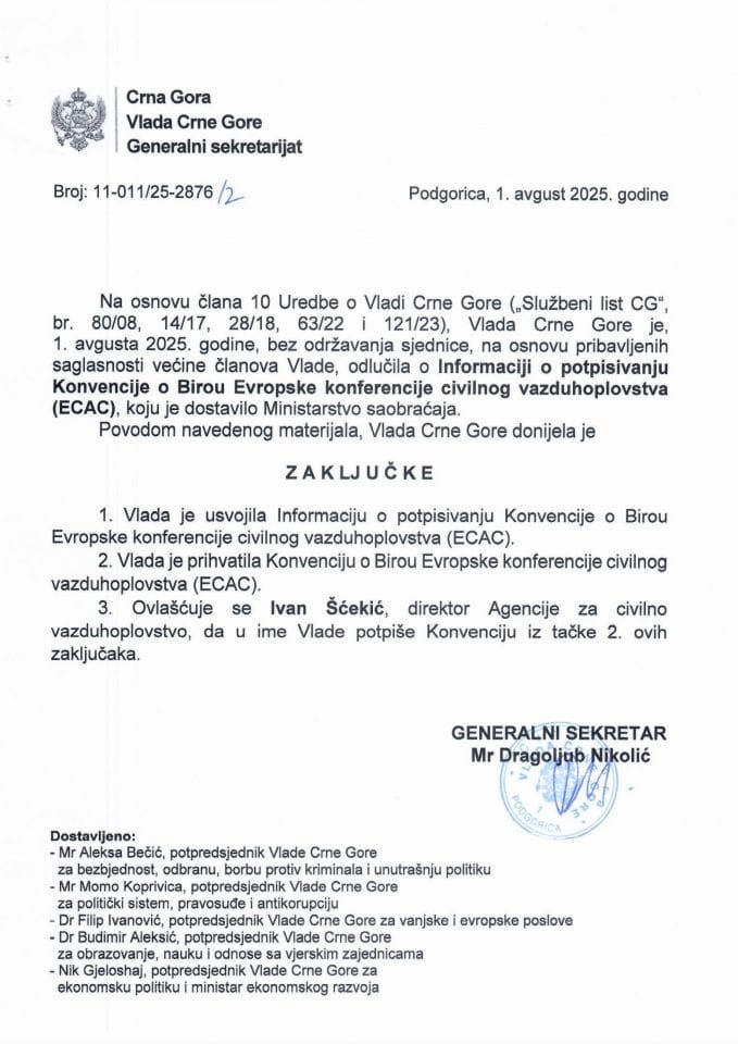 Informacija o potpisivanju Konvencije o Birou Evropske konferencije civilnog vazduhoplovstva (ECAC) s Predlogom konvencije - Zaključci