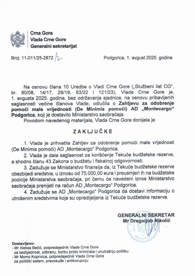 Zahtjev za odobrenje pomoći male vrijednosti (De Minimis pomoći) AD „Montecargo“ Podgorica - Zaključci