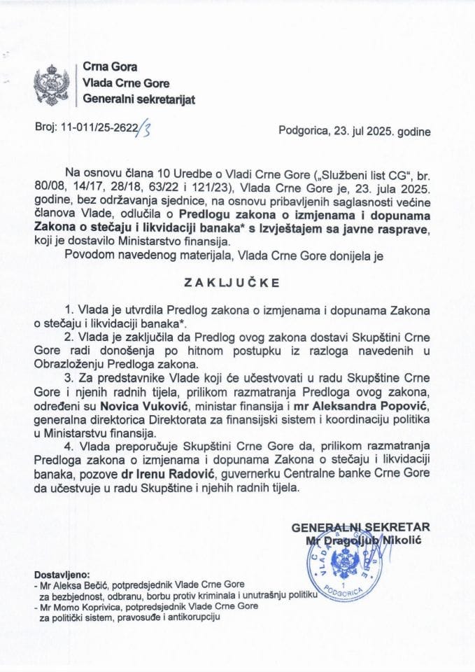 Predlogu zakona o izmjenama i dopunama Zakona o stečaju i likvidaciji banaka⃰ s Izvještajem sa javne rasprave - Zaključci