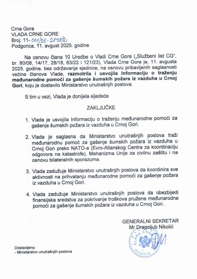 Informacija o traženju međunarodne pomoći za gašenje šumskih požara iz vazduha u Crnoj Gori - Zaključci