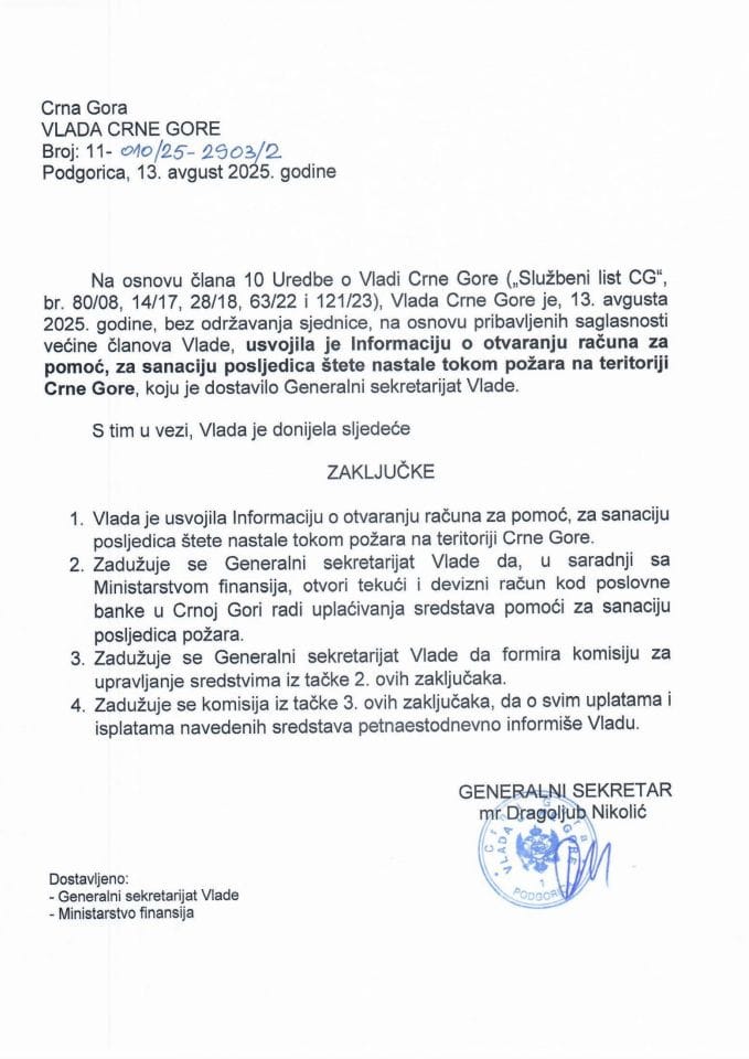 Informacija o otvaranju računa za pomoć, za sanaciju posljedica štete nastale tokom požara na teritoriji Crne Gore - Zaključci