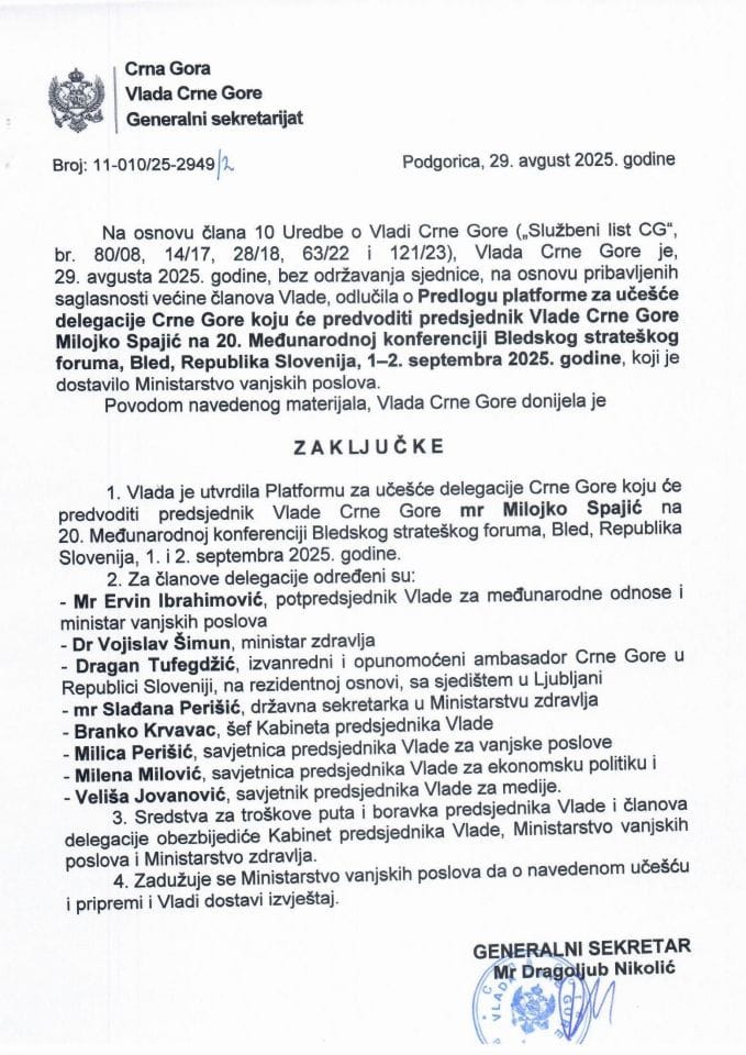 Predlog platforme za učešće delegacije Crne Gore koju će predvoditi predsjednik Vlade Crne Gore Milojko Spajić na 20. Međunarodnoj konferenciji Bledskog strateškog foruma, Bled, Republika Slovenija, 1-2. septembra 2025. godine - Zaključci