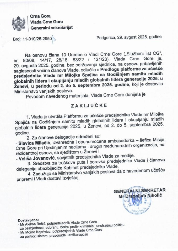 Predlog platforme za učešće predsjednika Vlade mr Milojka Spajića na Godišnjem samitu mladih globalnih lidera i okupljanju mladih globalnih lidera generacije 2025. u Ženevi, u periodu od 2. do 5. septembra 2025. godine - Zaključci