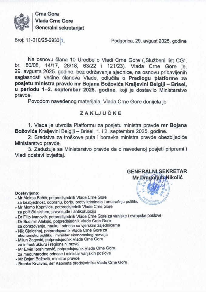 Predlog platforme za posjetu ministra pravde mr Bojana Božovića Kraljevini Belgiji – Brisel, u periodu 1-2. septembar 2025. godine - Zaključci