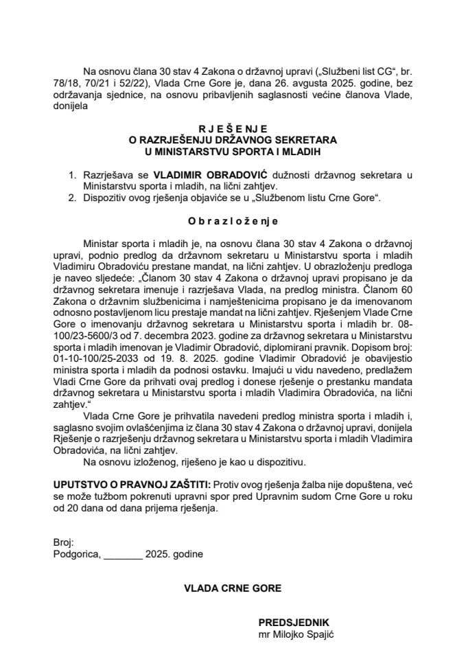 Predlog za razrješenje državnog sekretara u Ministarstvu sporta i mladih