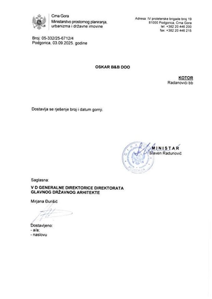 Rješenja o saglasnosti na Program privremenih objekata - 03.09.2025 Rješenje-OSKAR B&B DOO, Kotor -Opština Kotor