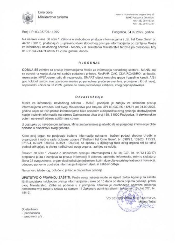 Rješenje - Slobodan pristup informacijama - UPI 03-037-25-1125-2 Mreža za afirmaciju nevladinog sektora - MANS