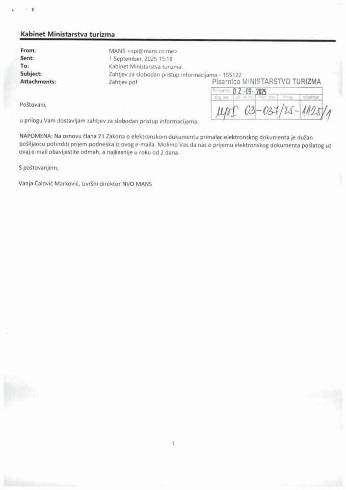 Zahtjev - Slobodan pristup informacijama - UPI 03-037-25-1125-1 - Mreža za afirmaciju nevladinog sektora - MANS