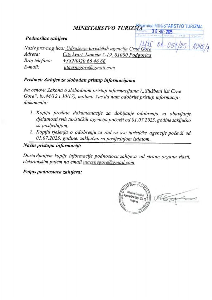 Informacije kojima je pristup odobren po osnovu zahtjeva br UPI 01-037-25-1042-1 - Udruženje turističkih agencija Crne Gore od 30.07.2025. godine