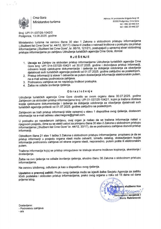 Rješenje - Slobodan pristup informacijama - UPI 01-037-25-142-2 - Udruženje turističkih agencija Crne Gore