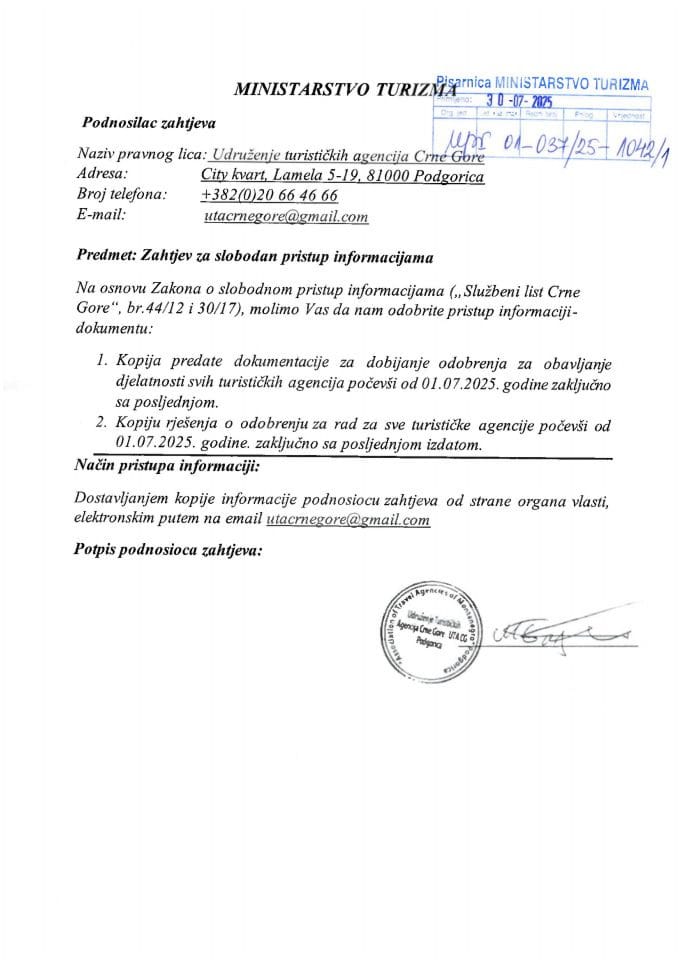 Zahtjev - Slobodan pristup informacijama - UPI 01-037-25-1142-1 - Udruženje turističkih agencija Crne Gore