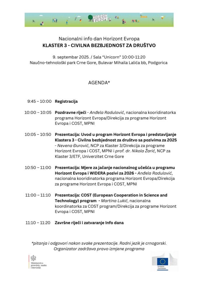 Инфо дан Хоризонт Европа КЛАСТЕР 3, Подгорица 9.9.2025.