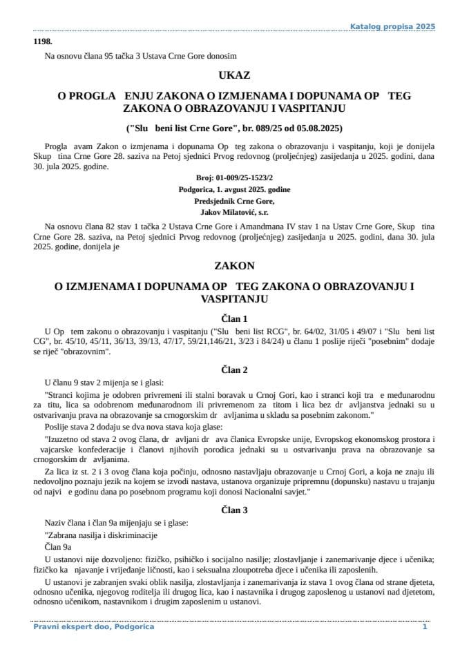 Zakon o izmjenama i dopunama Opsteg zakona o obrazovanju i vaspitanju