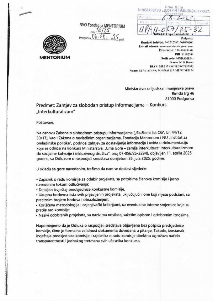 Zahtjev za SPI MENTORIJUM - UPI 011-037/25-32/1, Rješenje UPI 01-037/25-32/2, Odgovor UPI 01-037/25-32/3