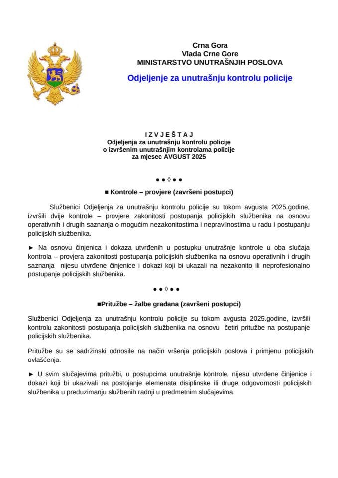 Izvještaj o postupanju po pritužbama i kontrolama za mjesec avgust 2025. godine