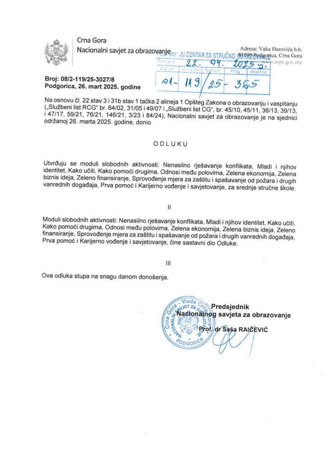 Odluka Nacionalnog savjeta Moduli slobodnih aktivnosti